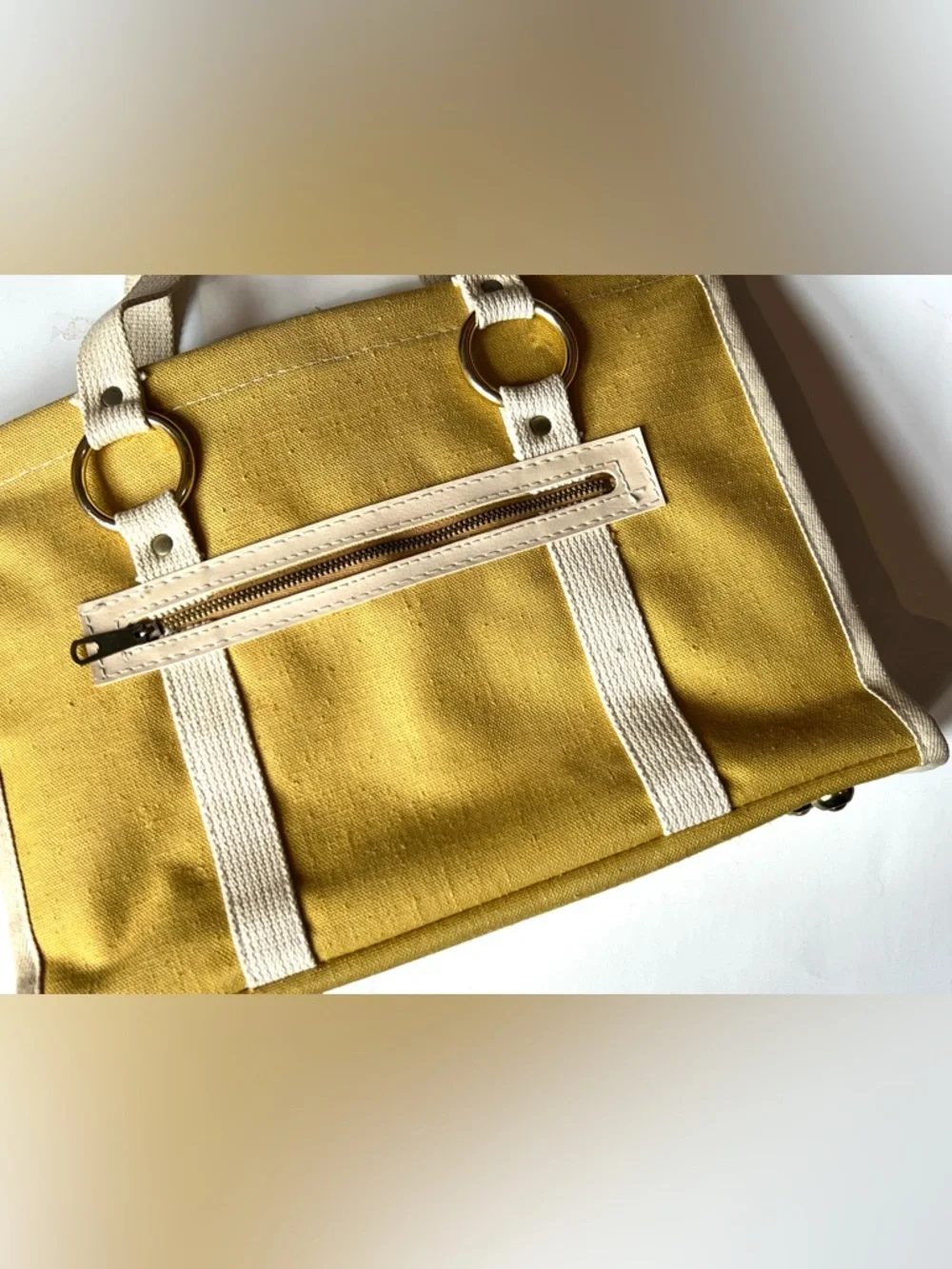 Vintage 60s Canvas Tote Bag in Mustard Yellow with Cream Straps - Picture 12 of 12